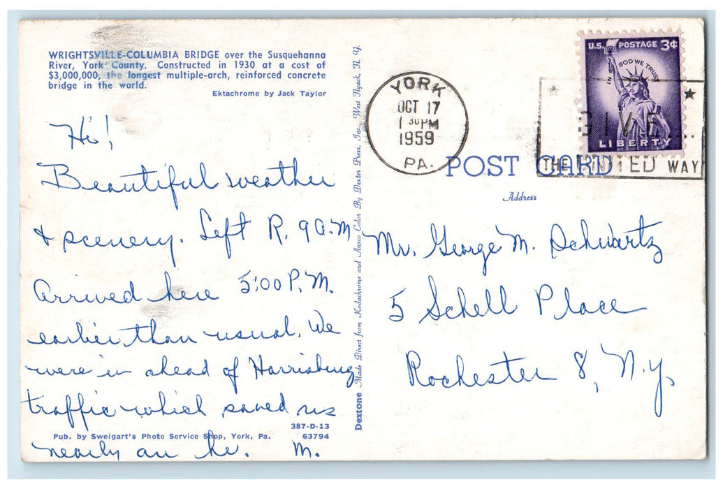 1959 Wrightsville Columbia Bridge Susquehanna River York County PA Boat Postcard