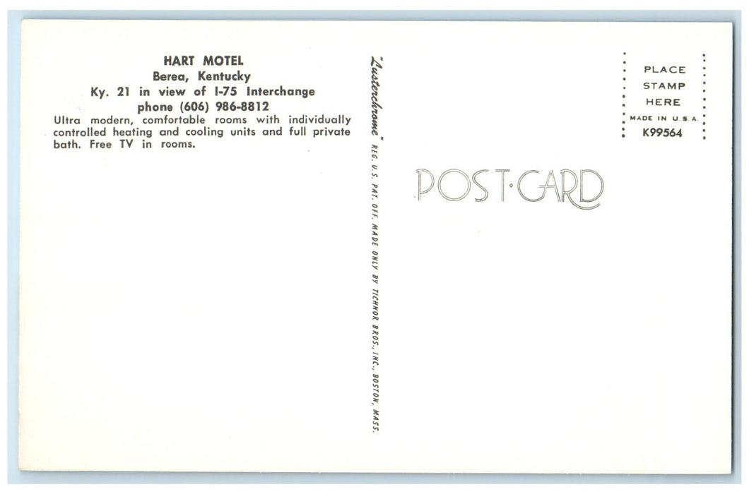 c1960's Hart Motel Exterior Roadside Berea Kentucky KY Unposted Trees Postcard