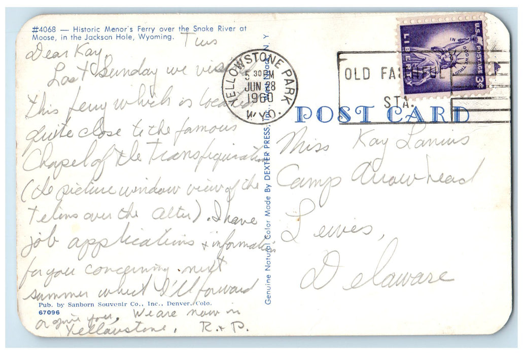 1960 Historic Menor's Ferry Scene  Snake River Jackson Hole WY Posted Postcard