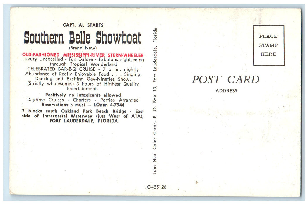 c1950 Capt AL Starts Southern Belle Showboat Fort Lauderdale Florida FL Postcard
