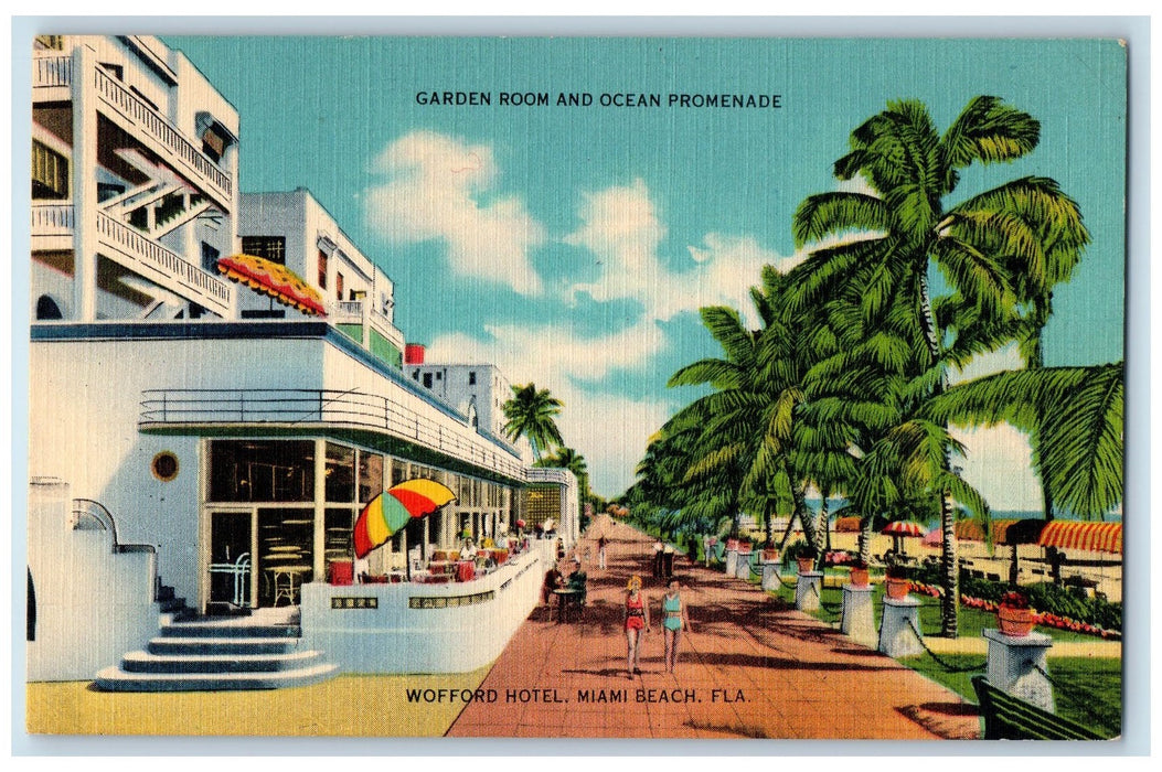 c1940 Garden Room Ocean Promenade Wofford Hotel Miami Beach Florida FL Postcard