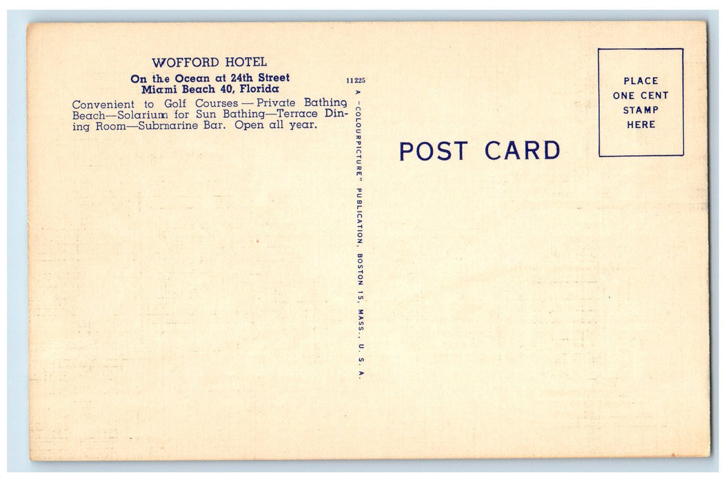 c1940 Garden Room Ocean Promenade Wofford Hotel Miami Beach Florida FL Postcard