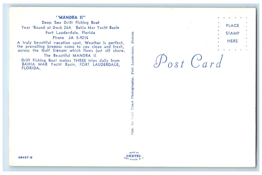 c1950 Mandra II Deep Sea Drift Fishing Boat Fort Lauderdale Florida FL Postcard