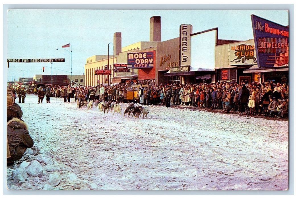 c1950's Fourth Avenue Sled Dog Racing Crowd Snow Anchorage Alaska AK Postcard