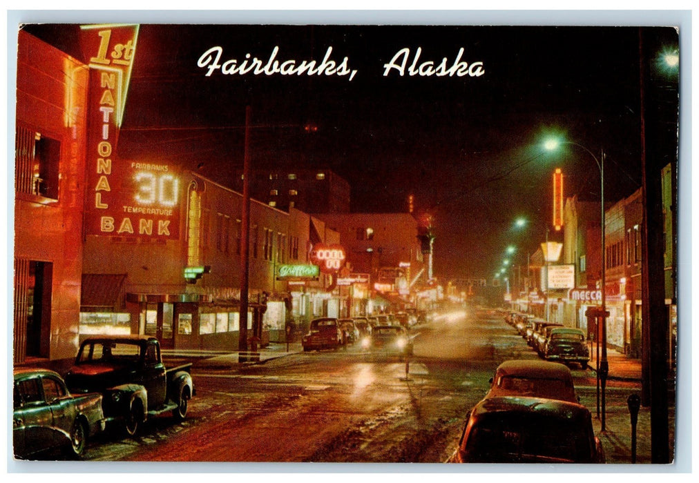 c1950's Night Scene Of Second Avenue Classic Cars Fairbanks Alaska AK Postcard