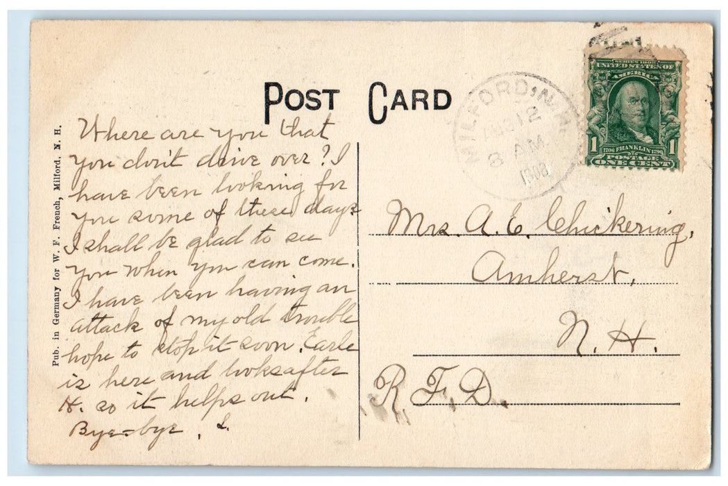 1908 Stone Bridge Lake River Towers Milford New Hampshire NH Posted Postcard