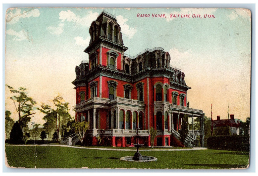 c1950 Gardo House Building Lawn Fountain Stairs Salt Lake City Utah UT Postcard