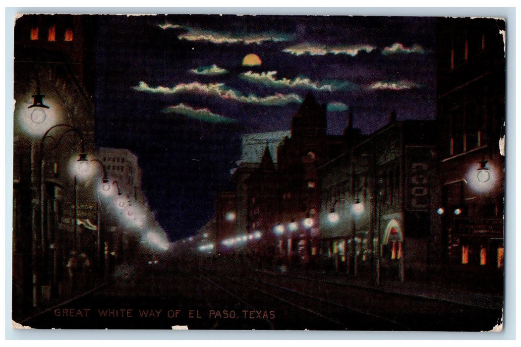 1912 Great White Way Night Street Light Railroad View El Paso Texas TX Postcard