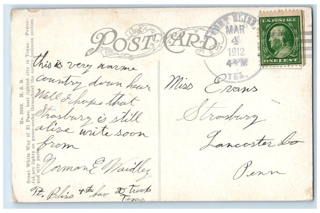 1912 Great White Way Night Street Light Railroad View El Paso Texas TX Postcard