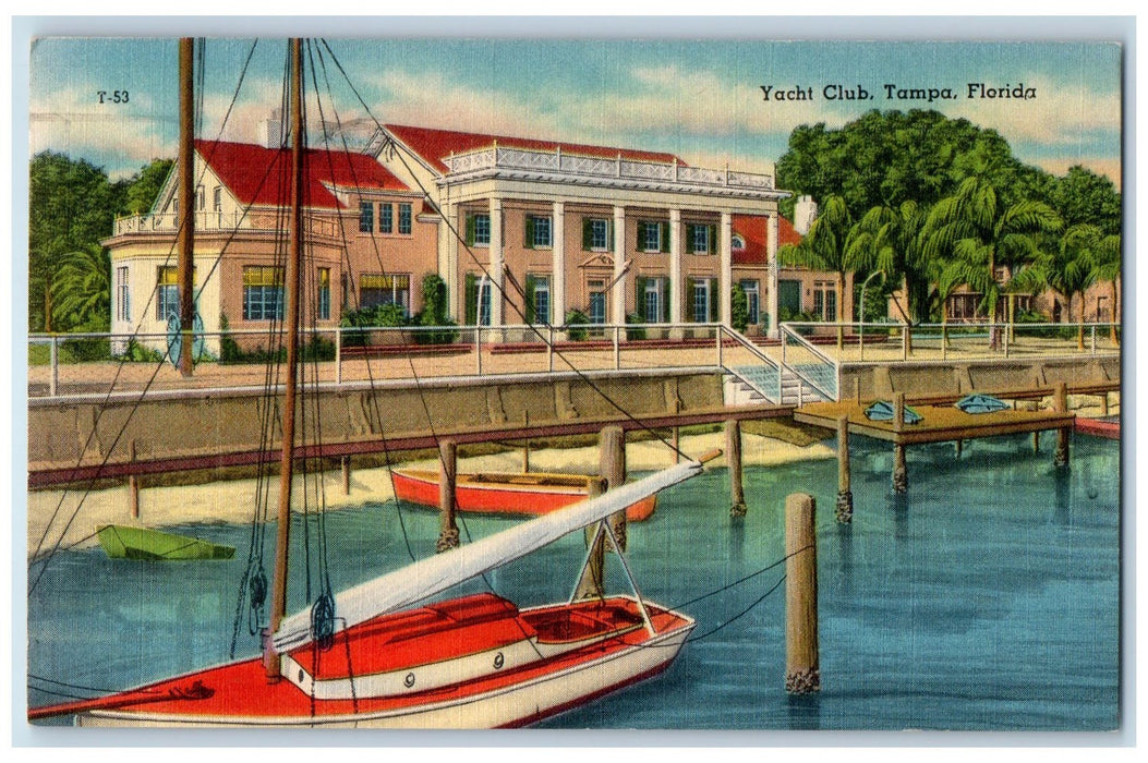 1957 Yacht Club Building Sailboat Boat Docking Harbor Tampa Florida FL Postcard