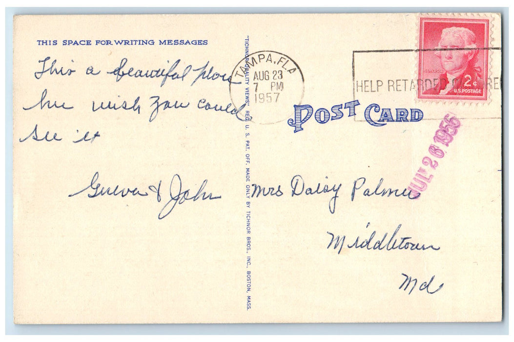 1957 Yacht Club Building Sailboat Boat Docking Harbor Tampa Florida FL Postcard