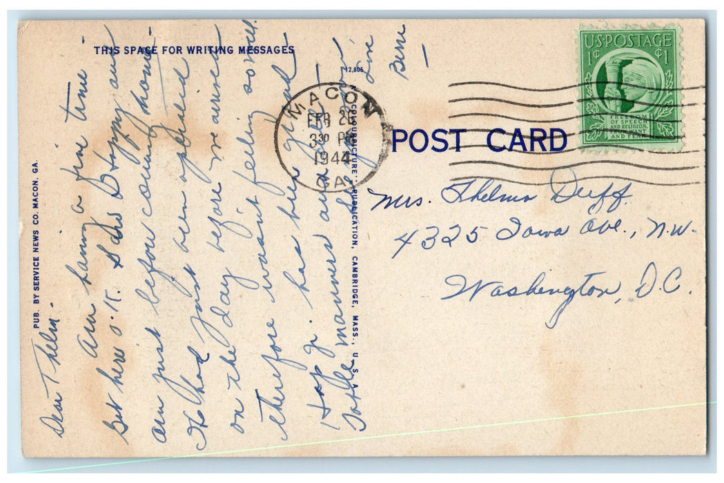 1944 One Of Beautiful Camp Wheelers Main Thoroughfares Macon Georgia GA Postcard