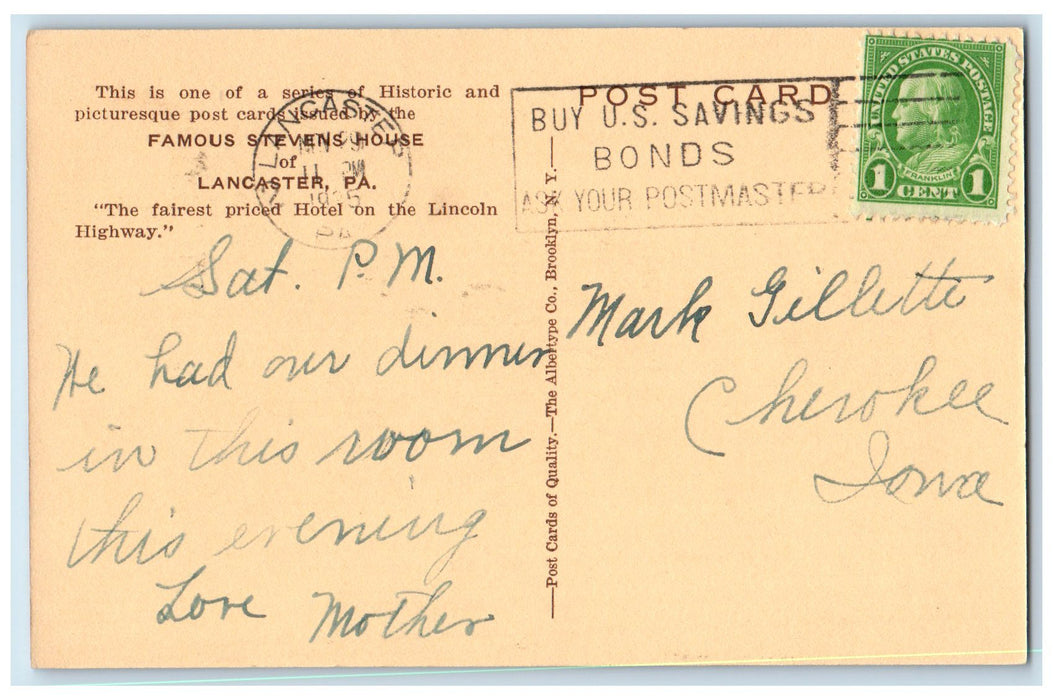 1935 Famous Stevens House Restaurant Dining Lancaster Pennsylvania PA Postcard