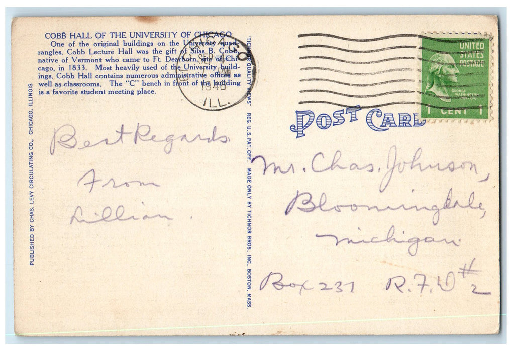 1946 Cobb Hall Of The University Building Pathways Chicago Illinois IL Postcard