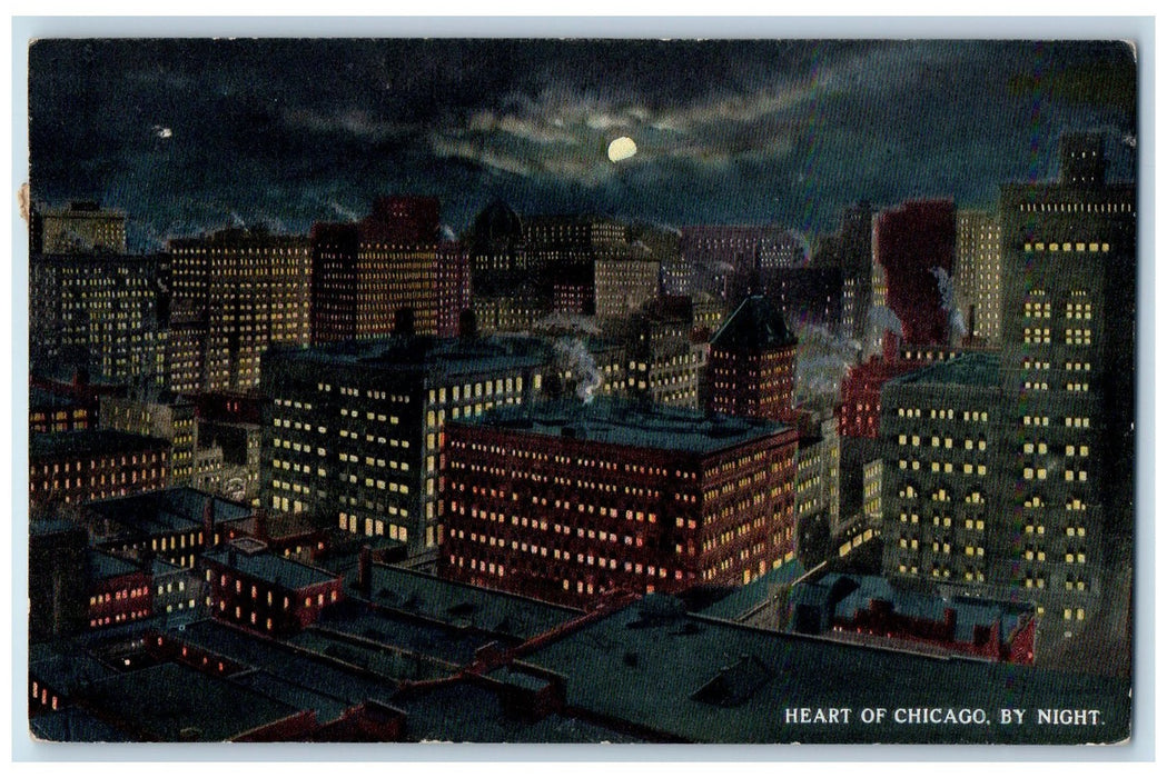 c1950 Heart Of Chicago By Night Aerial View Buildings Moon Illinois IL Postcard