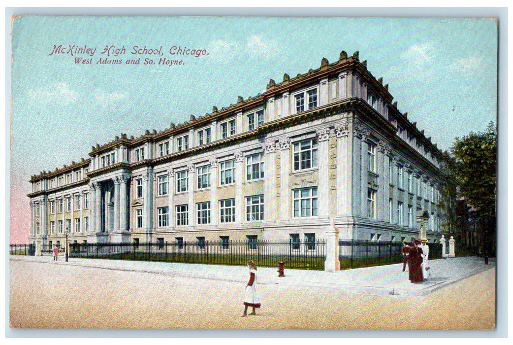 c1910's McKinley High School Campus Building People Kid View Chicago IL Postcard