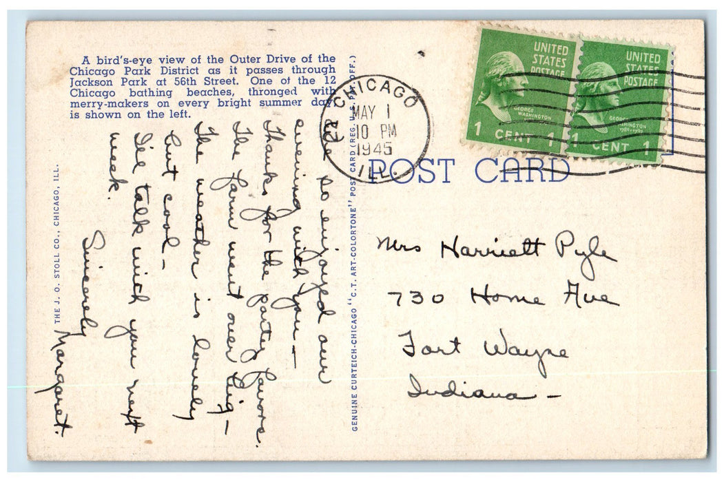 1945 Aerial View South Shore Drive Beach Chicago Illinois IL Posted Postcard