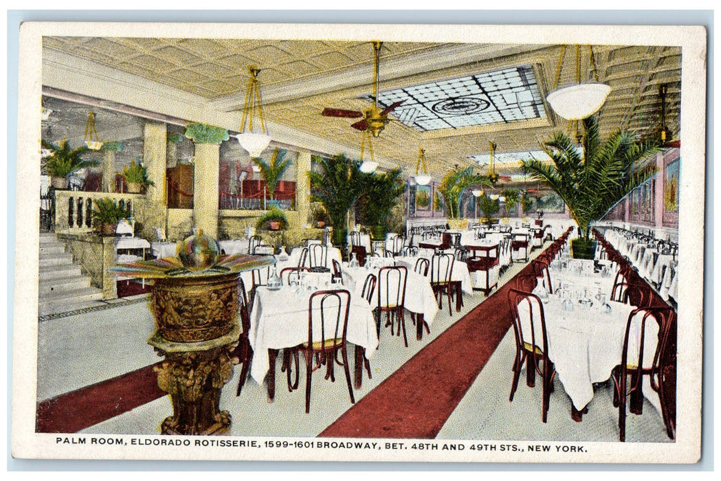 c1920's Palm Room Eldorado Rotisserie Restaurant Broadway New York NY Postcard