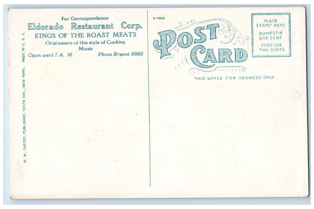 c1920's Palm Room Eldorado Rotisserie Restaurant Broadway New York NY Postcard