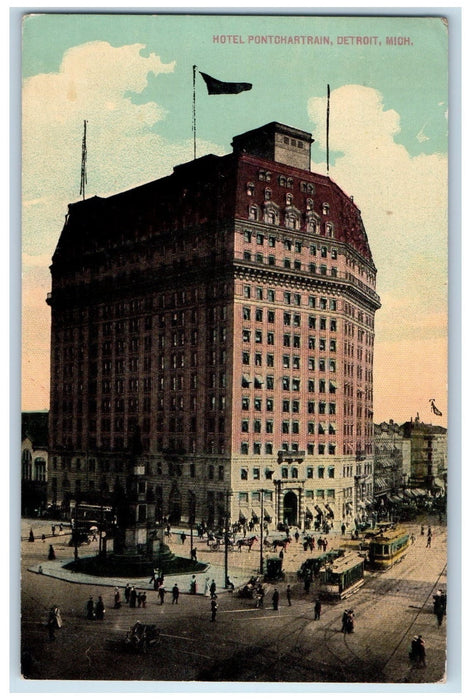 1914 Hotel Pontchartrain Building Restaurant Monument Detroit Michigan Postcard