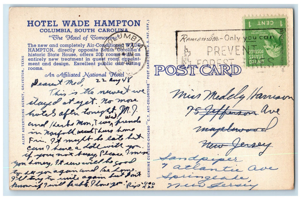 1948 Hotel Wade Hampton Building Restaurant Columbia South Carolina SC Postcard