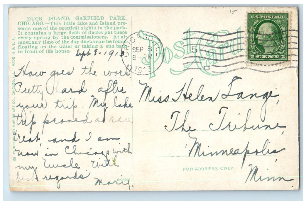 1913 Duck Land Garfield Park Cottage On Pond Lake Chicago Illinois IL Postcard