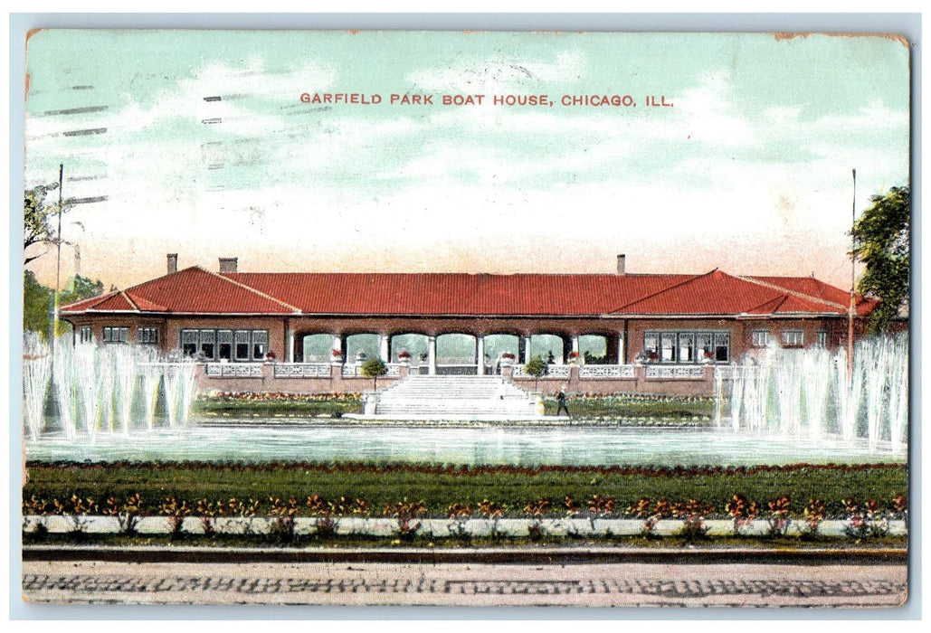 1908 Garfield Park Boat House Fountain Pond Stairs Chicago Illinois IL Postcard