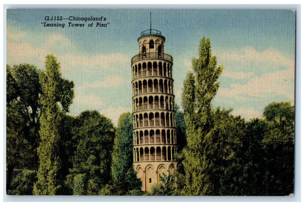 c1940 Chicagoland's Leaning Tower Of Pisa Building Chicago Illinois IL Postcard