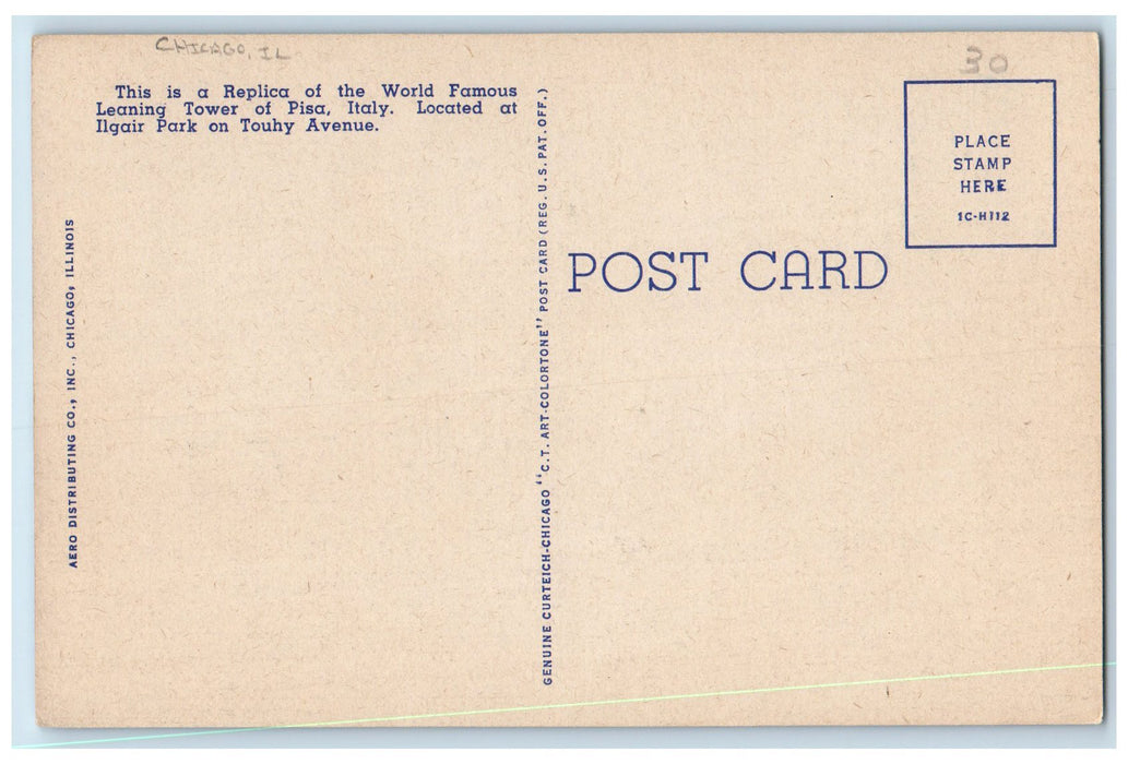 c1940 Chicagoland's Leaning Tower Of Pisa Building Chicago Illinois IL Postcard