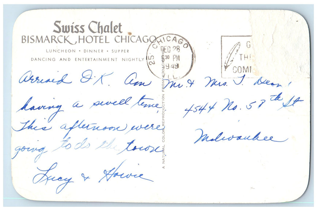 1949 Swiss Chalet Bismarck Hotel Restaurant Dining Chicago Illinois IL Postcard