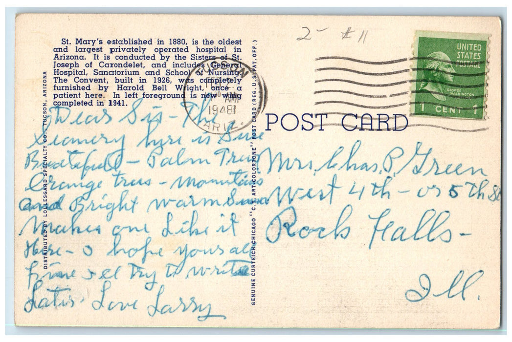 1948 Air View St. Mary's Hospital Sanatorium Building Tucson Arizona AZ Postcard