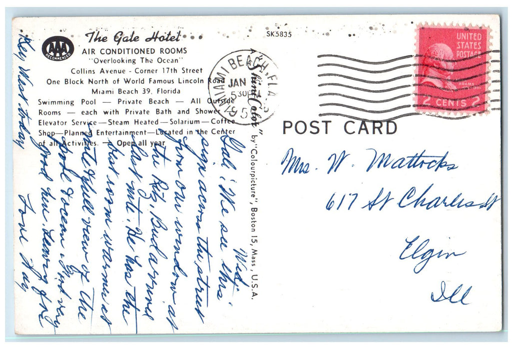 1953 The Gale Hotel Restaurant Building Entrance Miami Beach Florida FL Postcard