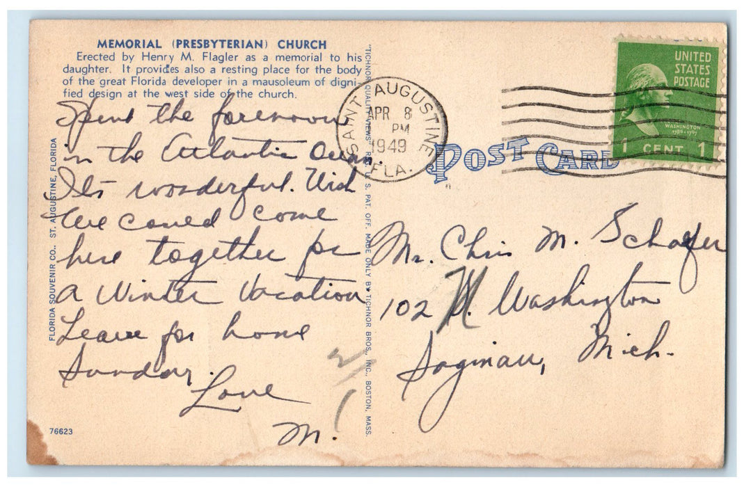 1949 Memorial Presbyterian Church St. Augustine Florida FL Posted Trees Postcard