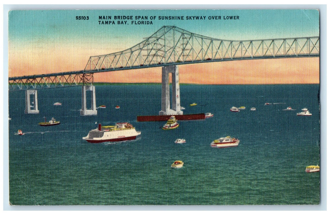1955 Main Bridge Span Of Sunshine Skyway Over Lower Tampa Bay FL Boats Postcard