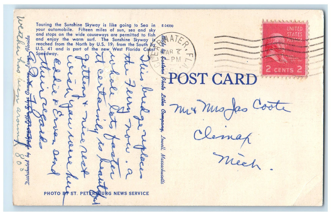 1955 Main Bridge Span Of Sunshine Skyway Over Lower Tampa Bay FL Boats Postcard