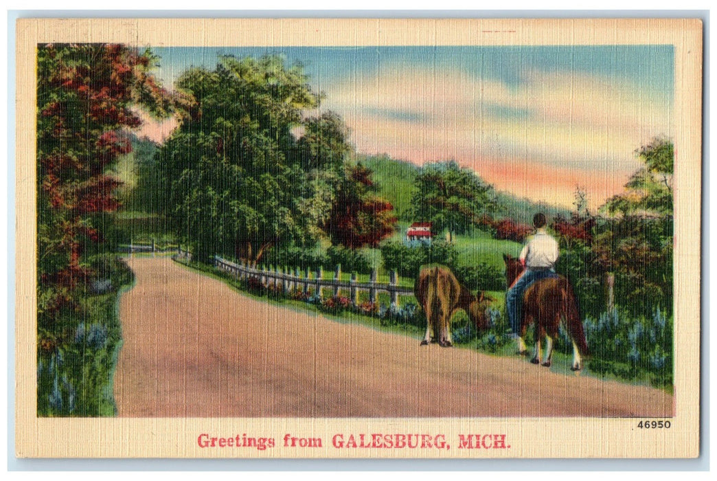 c1940's Greetings From Galesburg Horse Riding Cow Dirt Road Michigan MI Postcard