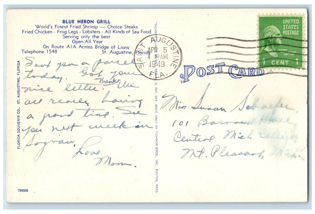 1949 Blue Heron Grill Exterior Roadside St. Augustine Florida FL Posted Postcard
