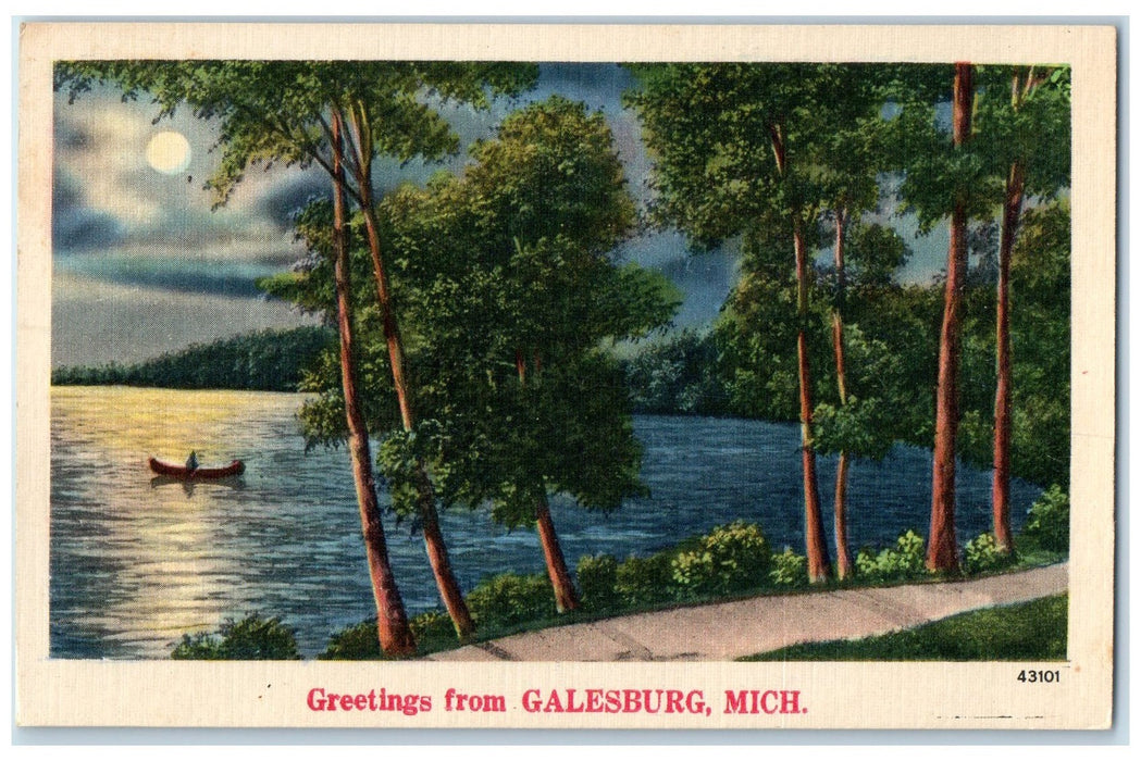 c1940 Greetings From Galesburg Boating At Night Lake River Michigan MI Postcard