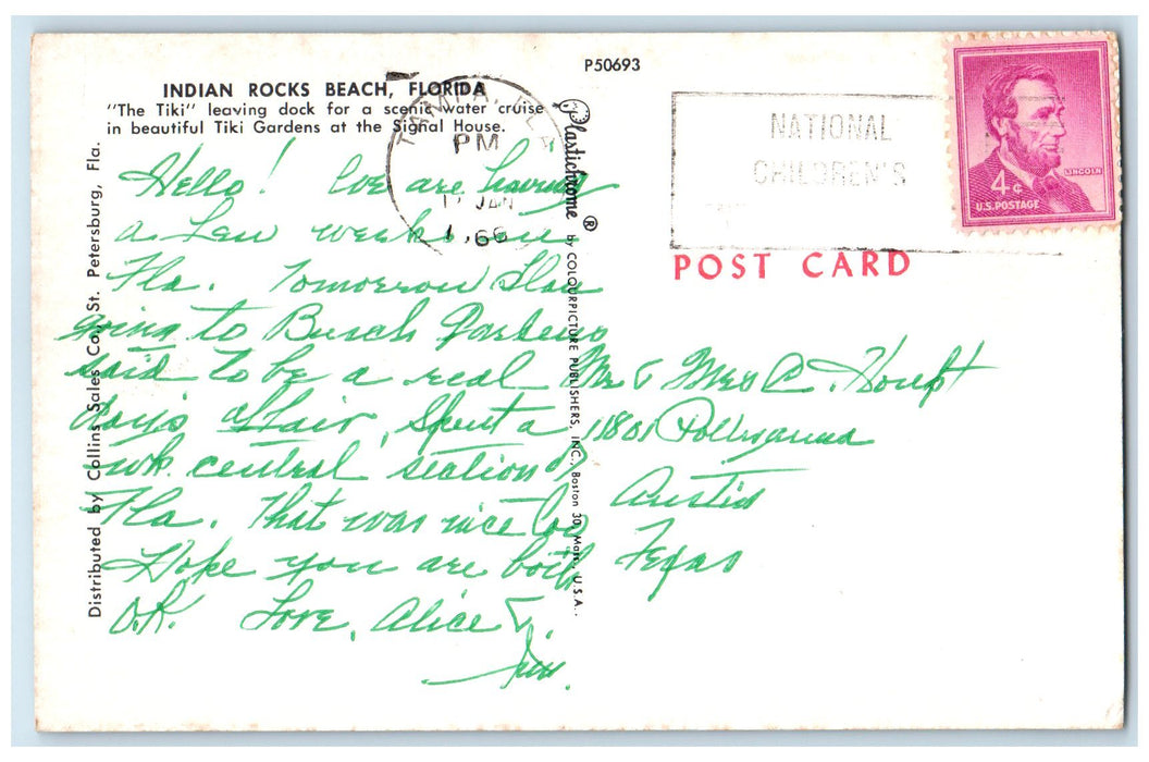 1966 Indian Rocks Beach The Tiki Leaving Dock Scenic Water Florida FL Postcard