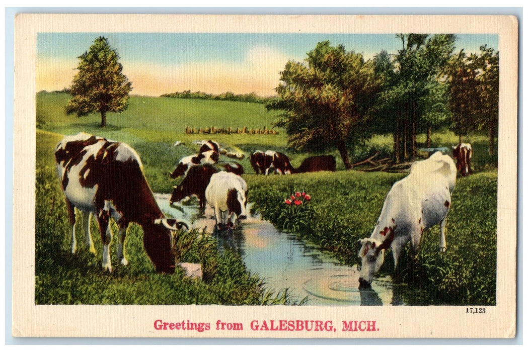 c1940 Greetings From Galesburg Group Of Cows On Creek Drinking Water MI Postcard