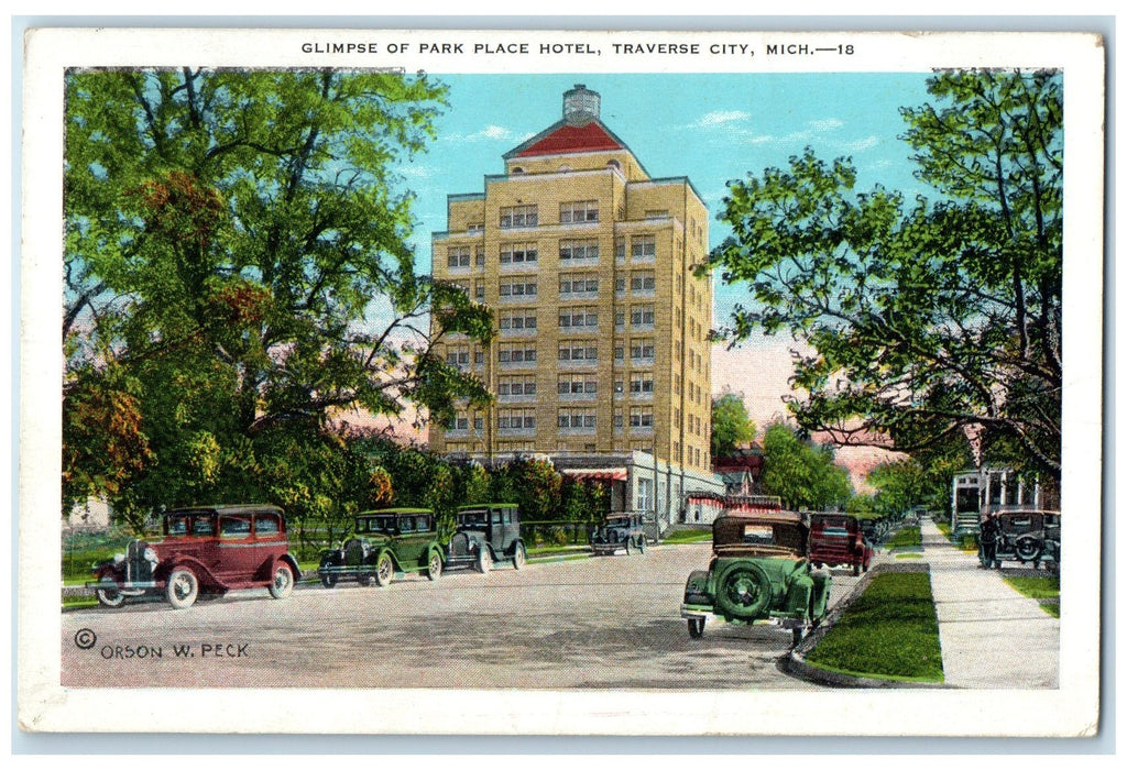 1934 Glimpse Of Park Place Hotel Restaurant Building Traverse City MI Postcard