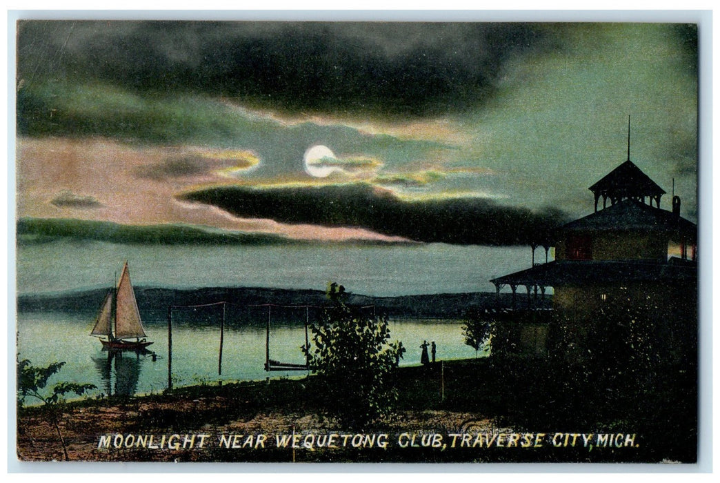 1909 Moonlight Near Wequetong Club Sailboat Traverse City Michigan MI Postcard