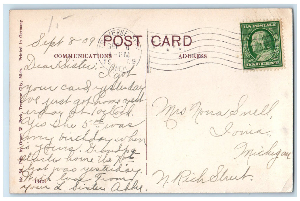 1909 Moonlight Near Wequetong Club Sailboat Traverse City Michigan MI Postcard