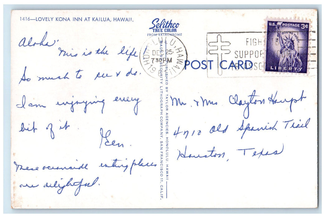 1961 Lovely Kona Inn Interior Sea Waves Scene At Kailua Hawaii HI Trees Postcard
