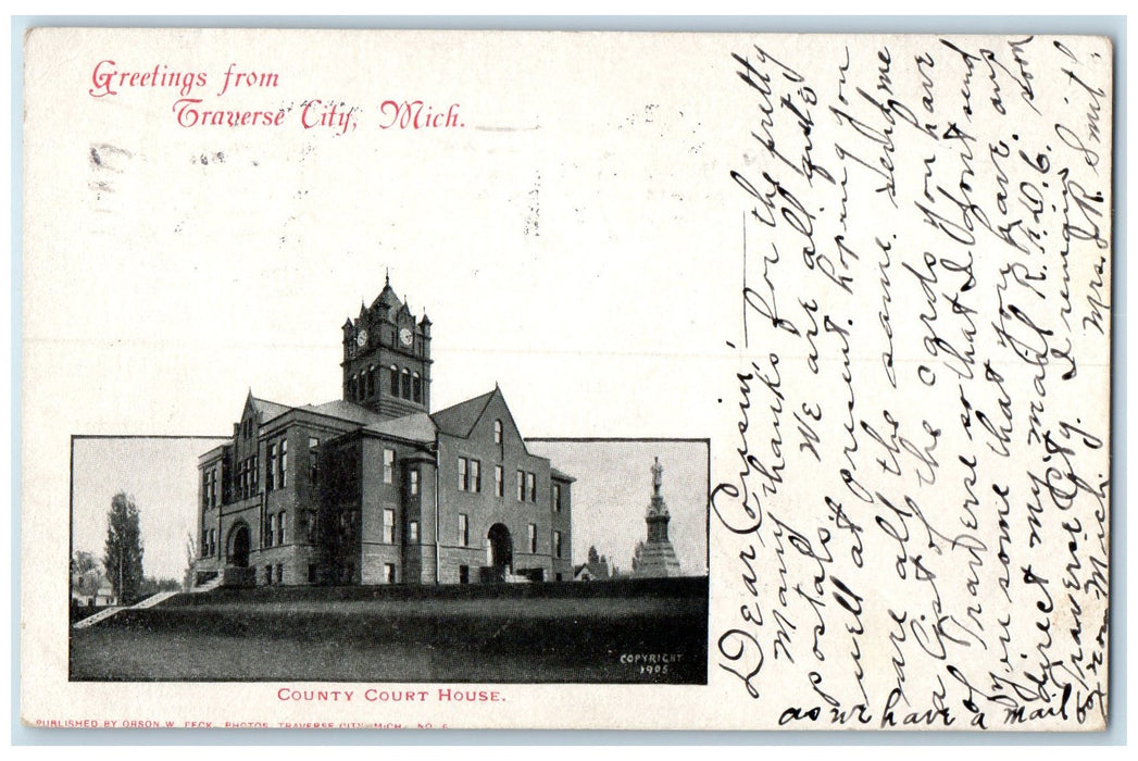 1907 Greetings From Traverse City County Court House Building Tower MI Postcard