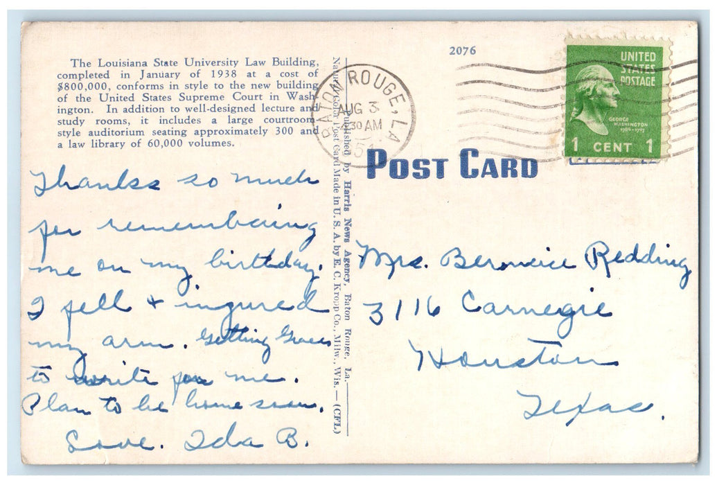 1951 School Of Law Louisiana State University Baton Rouge Louisiana LA Postcard