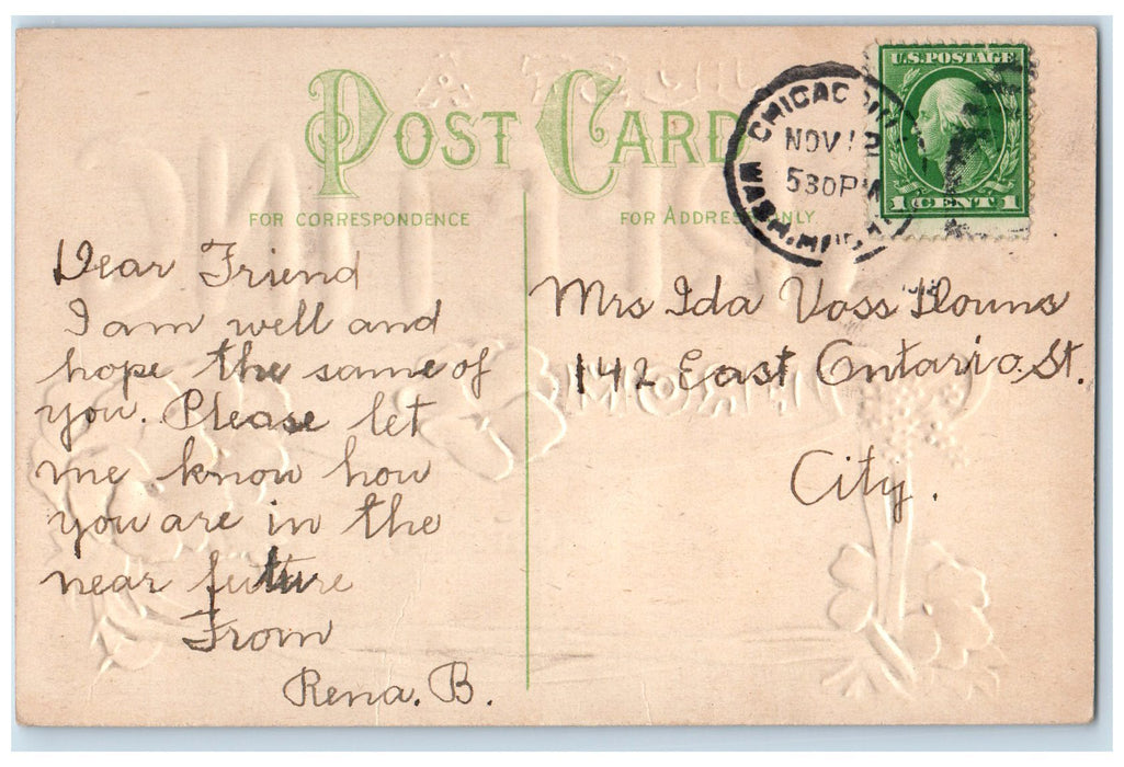 1910 Just A Greeting From Chicago Illinois IL Posted Flowers Embossed Postcard