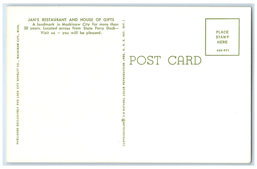 c1960s Jan's Restaurant And House Of Gifts Mackinaw City Michigan MI Postcard
