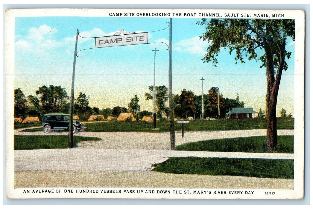 c1940s Camp Site Overlooking The Boat Channel Scene Sault Ste. Marie MI Postcard