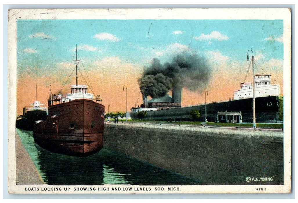1929 Boats Locking Up Showing High & Low Levels Soo Michigan MI Posted Postcard